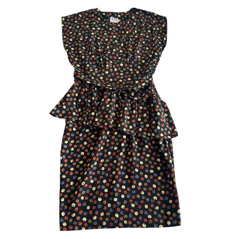 Vintage J.B. Too Black Polka Dot Peplum Dress Size 14 Women’s Colorful 80s Party